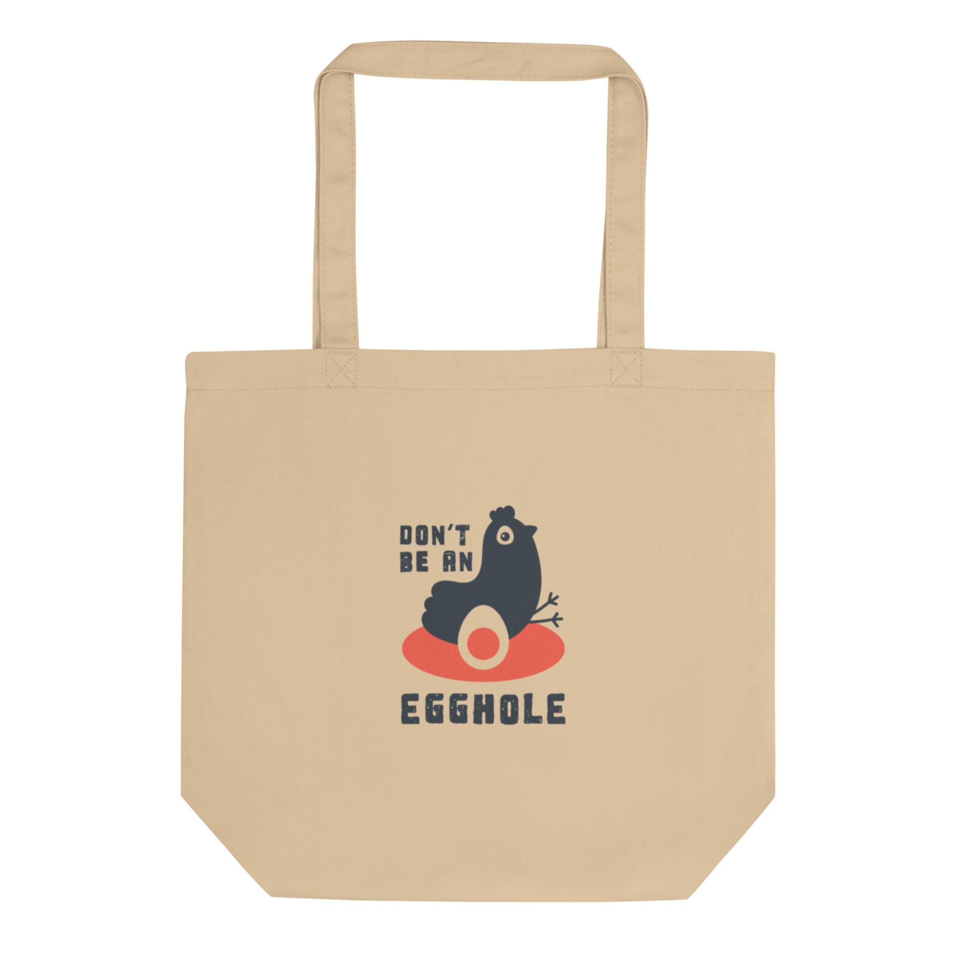 A beige tote bag with an image of a cat on it.