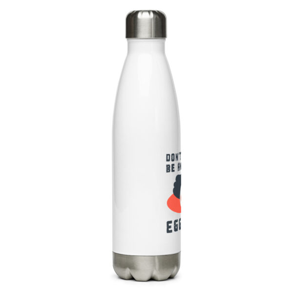 A white water bottle with an orange and black design.