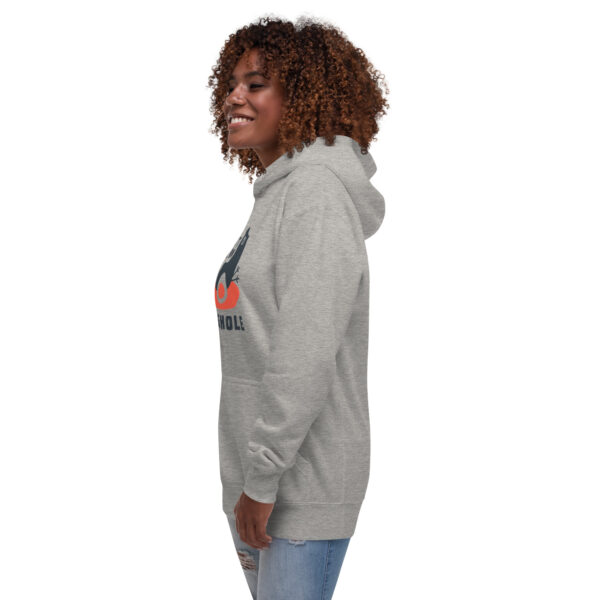 A person wearing a hoodie with a picture of an orange and blue logo.