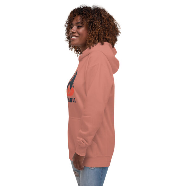 A woman wearing an orange hoodie with the word " no " on it.