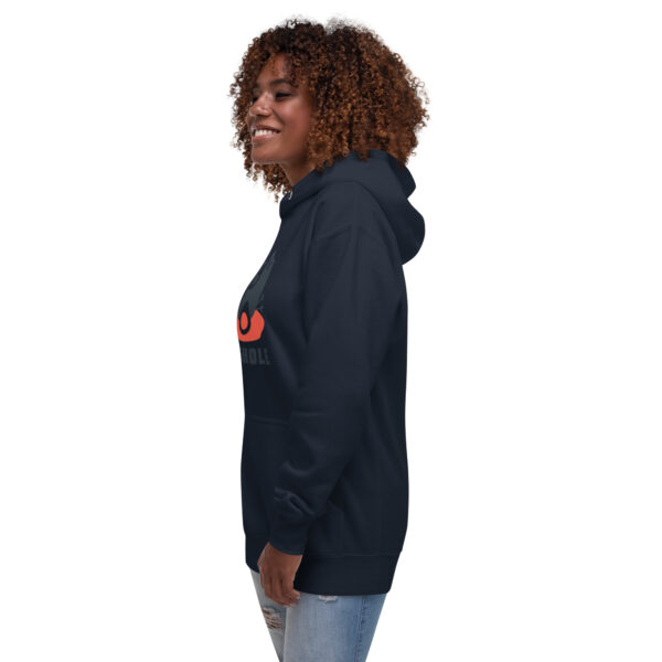 A woman wearing a black hoodie with an orange logo.