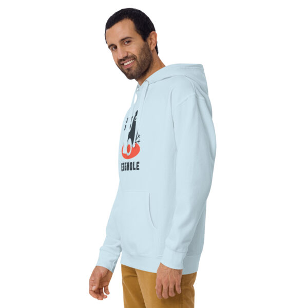 A man wearing a light blue hoodie with an image of a tree.