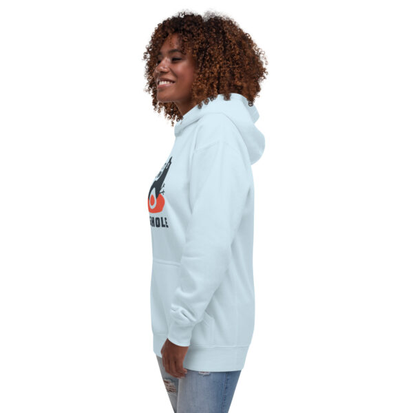 A woman wearing a white hoodie with a logo on it.