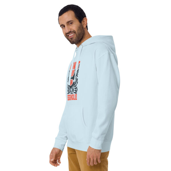 A man wearing a light blue hoodie with a picture of a tree.