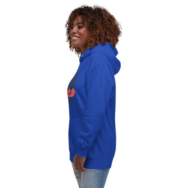 A woman wearing a blue hoodie with an orange logo.