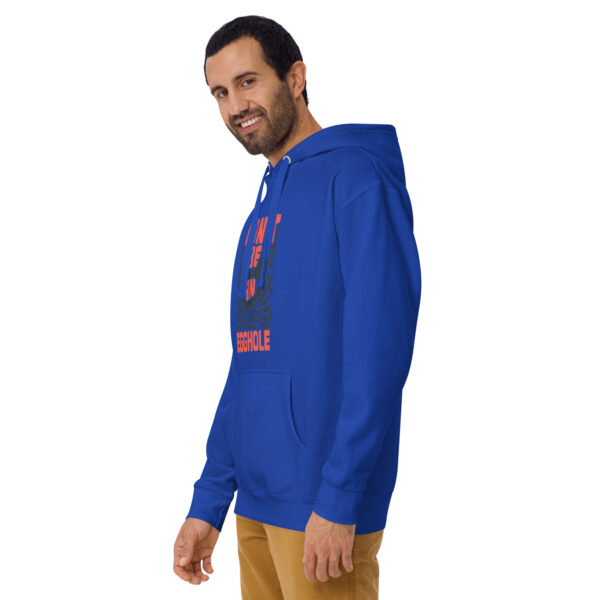 A man wearing a blue hoodie with the word " chicago " on it.