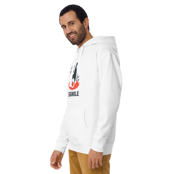 A man wearing a white hoodie with an image of a person.