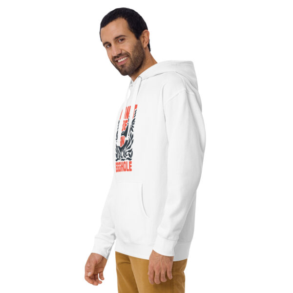 A man wearing a white hoodie with a picture of a tree.