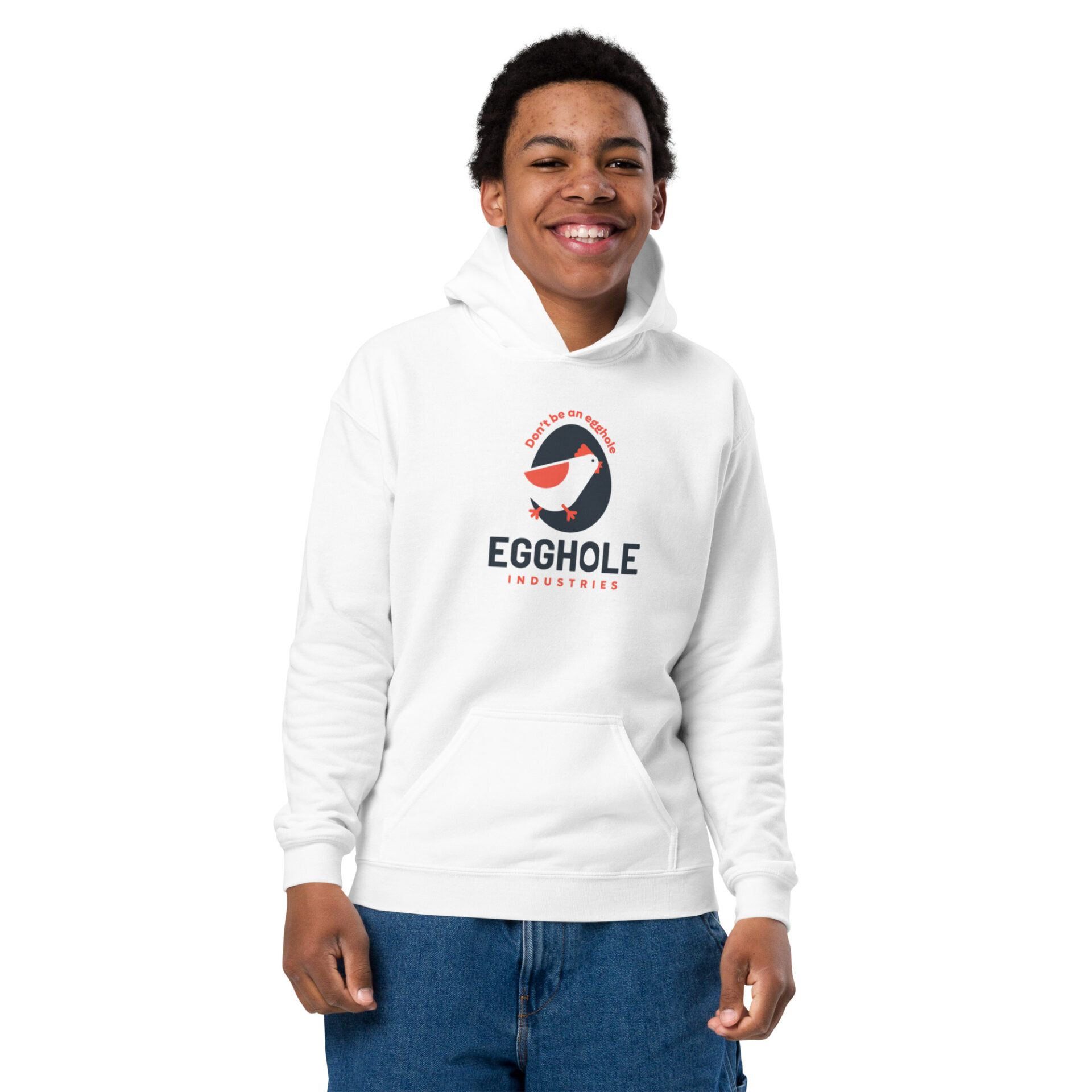 A man wearing a white hoodie with the words eggmole on it.