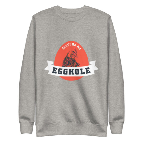 A gray sweatshirt with an egg hole logo on it.