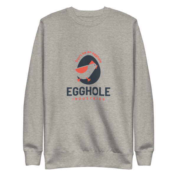 A gray sweatshirt with an egghole logo on it.