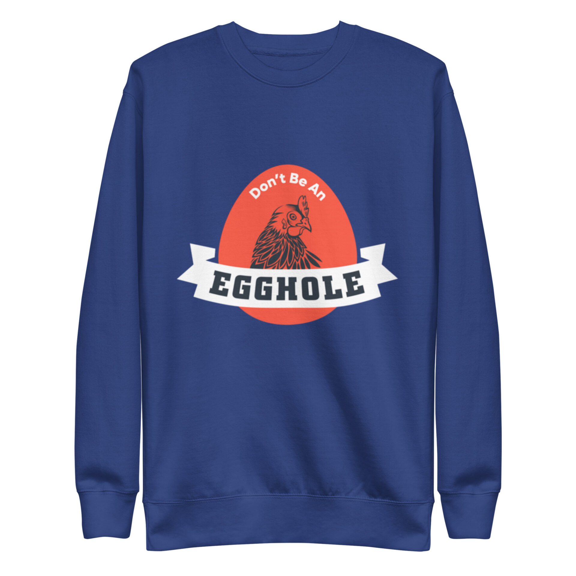 A blue sweatshirt with an egg hole logo on it.