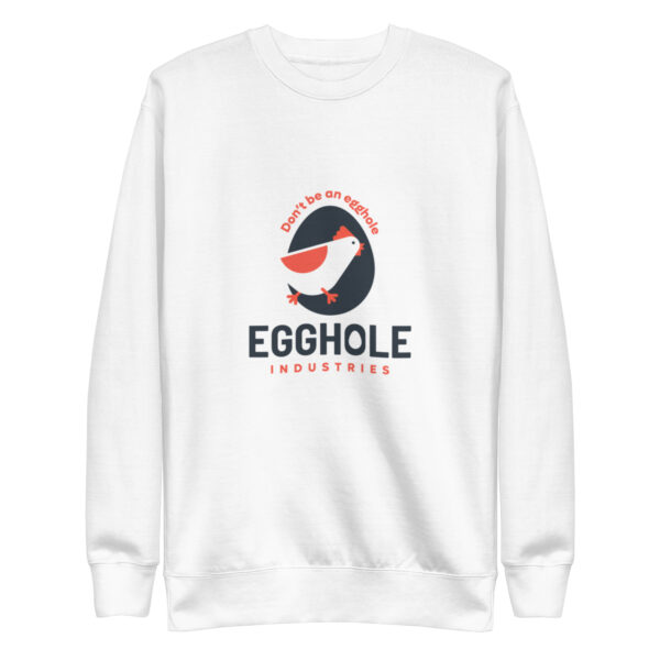 A white sweatshirt with an egghole logo on it.