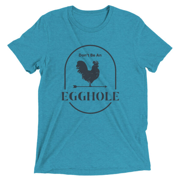 A turquoise t-shirt with an egg hole design.