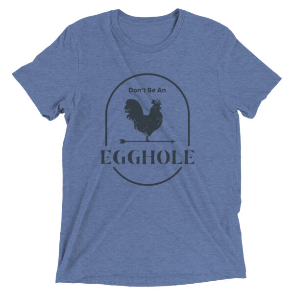 A blue t-shirt with an egg hole logo.