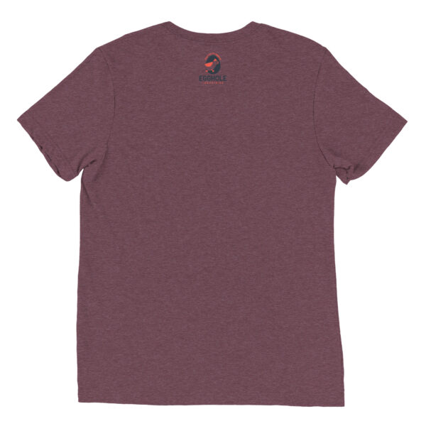 A maroon t-shirt with the back of it.