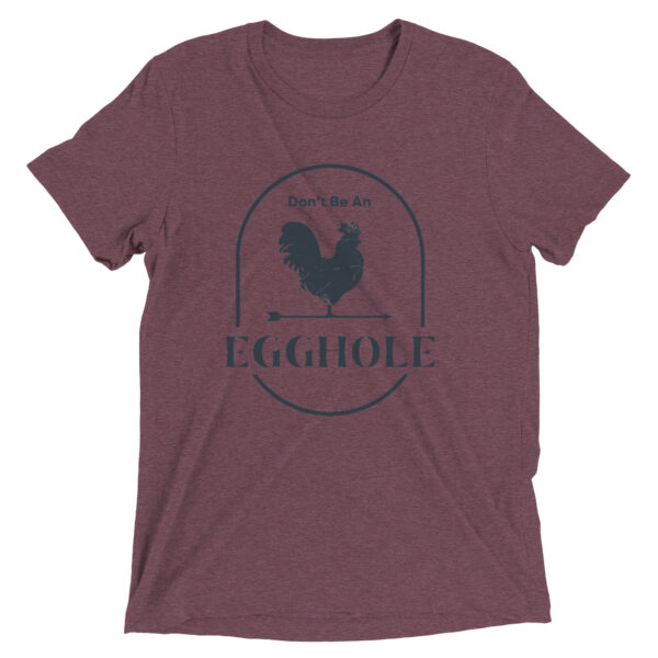 A maroon t-shirt with an egg hole logo.