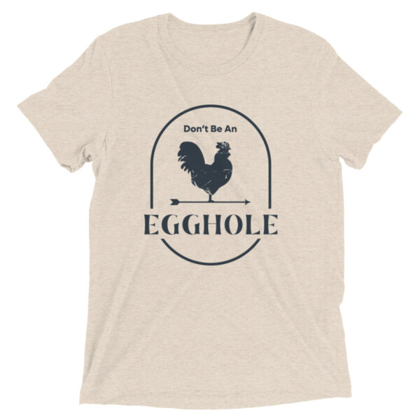 A t-shirt with an egg hole and a rooster.