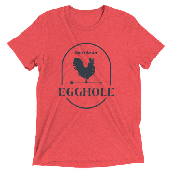 A red shirt with an egg hole logo on it.