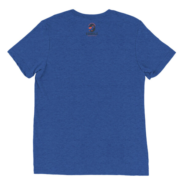 A blue t-shirt with the back of it.