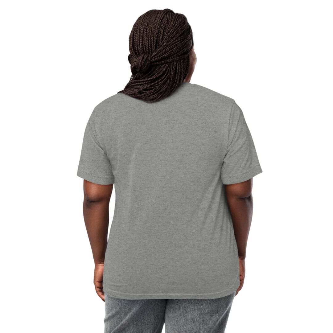 Back view of a person wearing a plain gray t-shirt and gray pants.