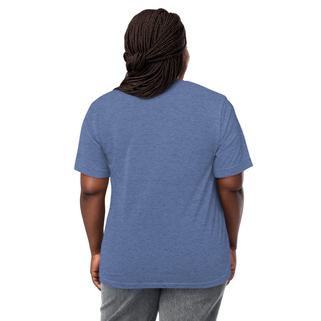 Person wearing a blue t-shirt, viewed from the back.