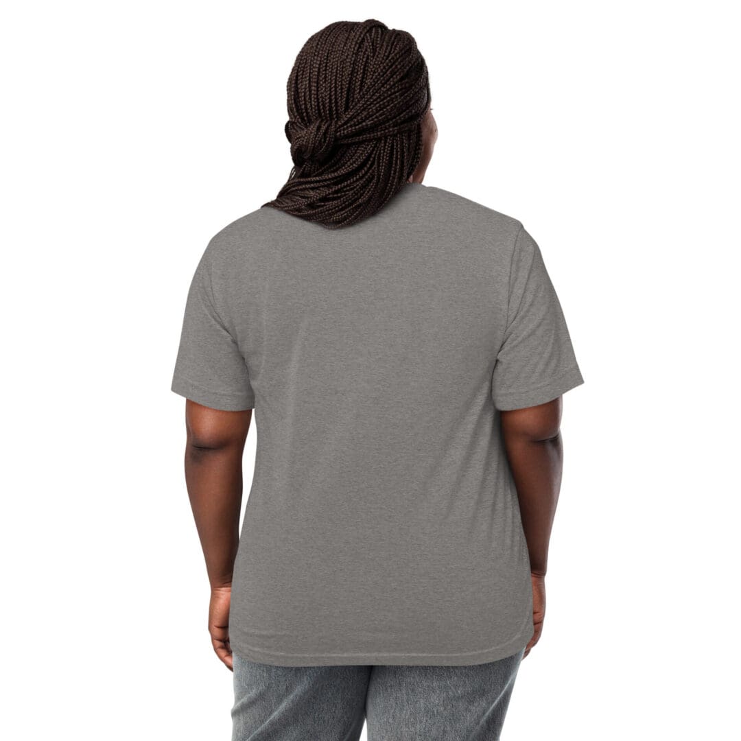 Back view of a person wearing a gray t-shirt and jeans.