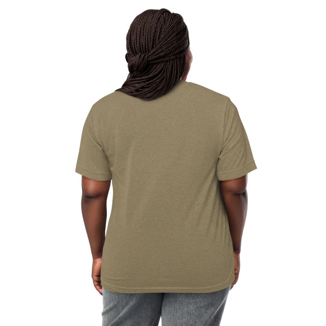 Rear view of a person wearing a plain olive green t-shirt and gray pants.