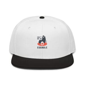 White and black snapback cap with a colorful embroidered logo.