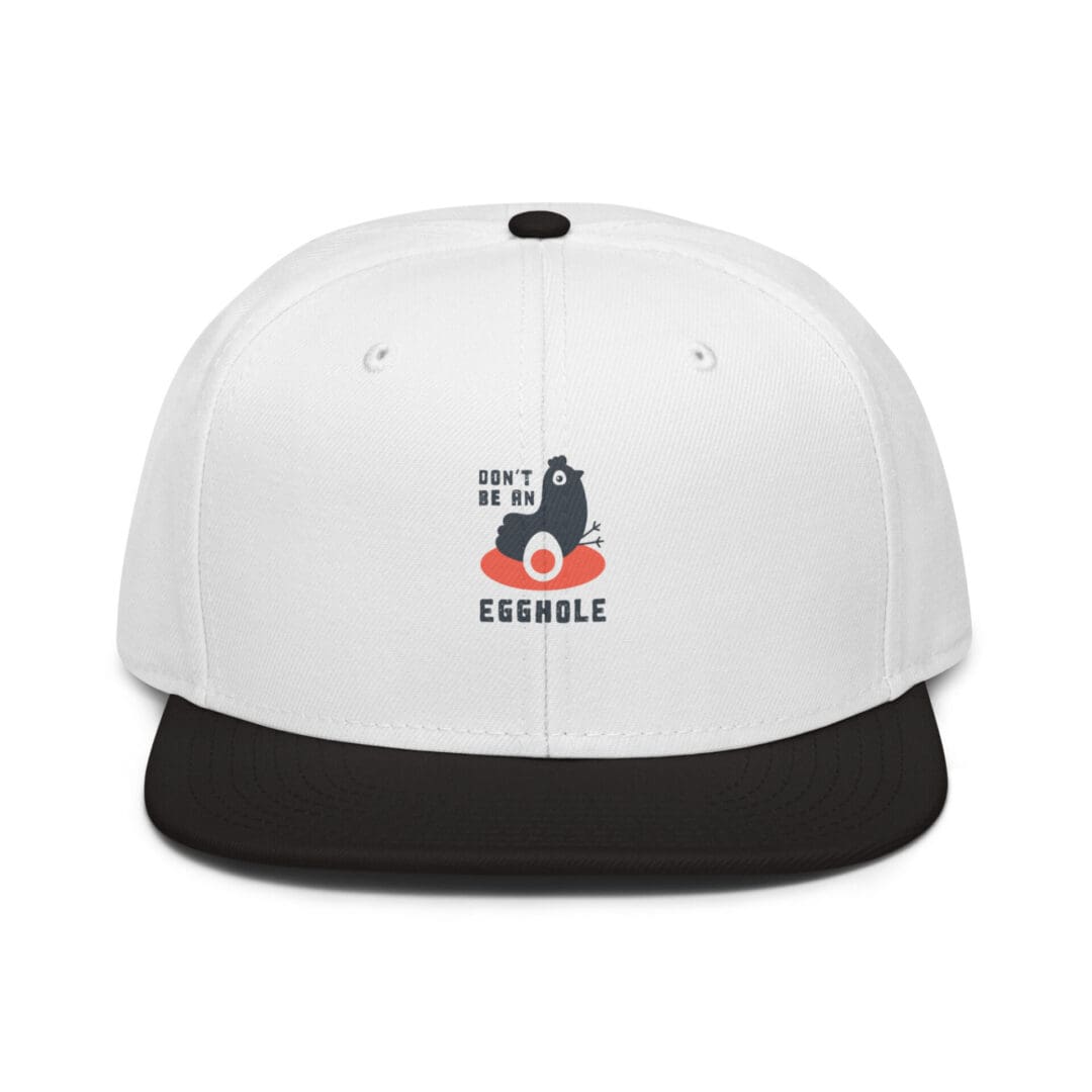 White and black snapback cap with a colorful embroidered logo.