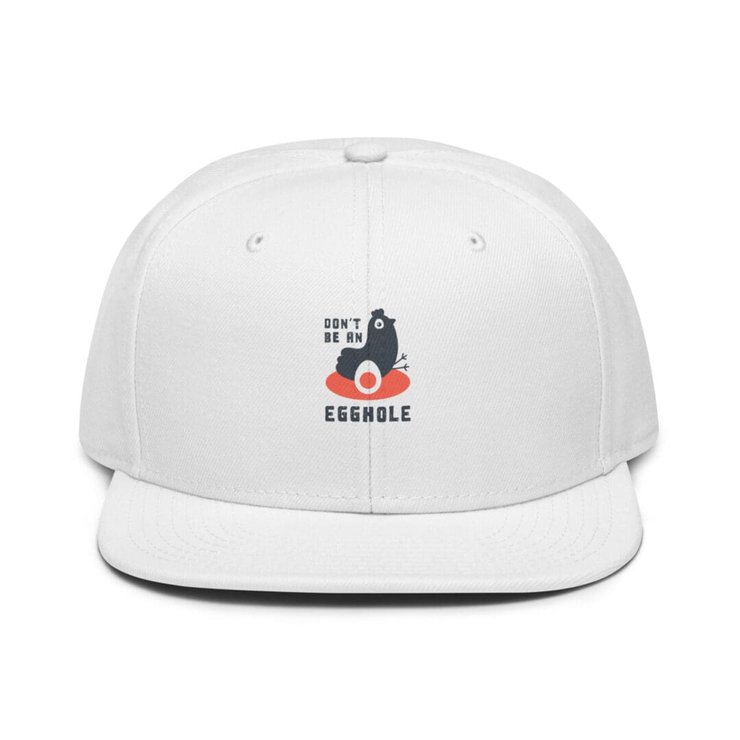 White baseball cap with a small colorful embroidered design on the front.